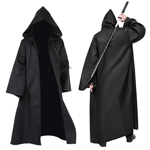 Halloween Schwarzer Umhang mit Kapuze Herren Schwarzer Umhang, Mittelalter Umhang Kapuzenumhang, Vampir Umhang mit Kapuze Erwachsene Adult Halloween Costume Umhang Karneval Kostüm Hoodies Robe (XXL) von Encuryna