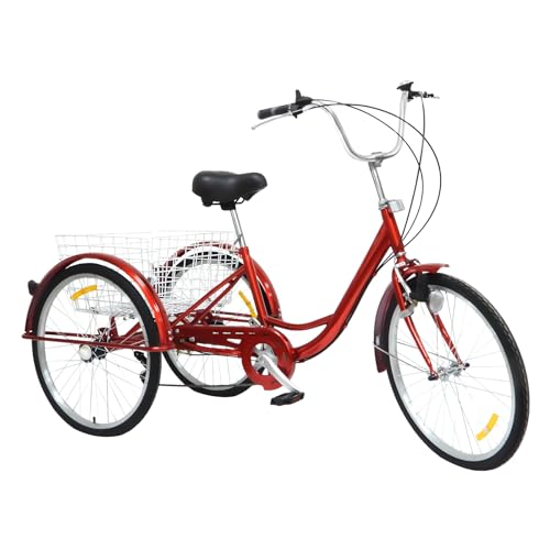24 Zoll Dreirad für Erwachsene 6 Gang 3 Räder Bike Dreirad Cruiser mit Korb und Scheinwerfer Lastenfahrrad Höhenverstellbar Outdoor, Rot von Endingfuny