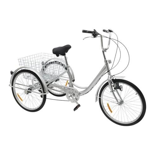 6 Gang 3 Räder Fahrrad 24 Zoll Dreirad für Erwachsene Dreirad Cruiser mit Korb und Scheinwerfer Lastenfahrrad Höhenverstellbar Outdoor, Silber von Endingfuny