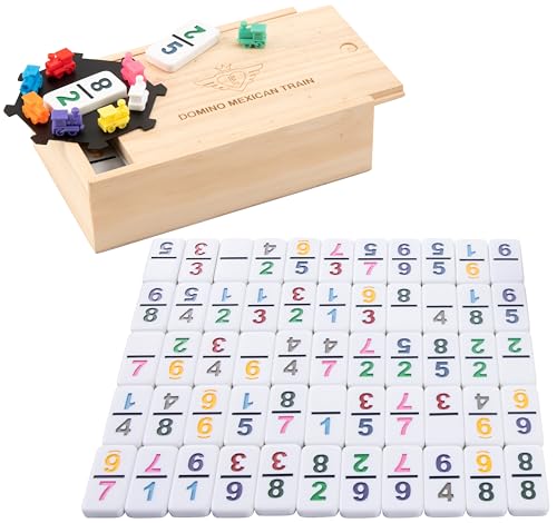 Engelhart - 250126 - Mexikanisches Domino Zug - Premium-Qualität - 55 Dominosteine (8 mm) - Zahlen-Version - Holzkasten - 8 Bunte Lokomotiven - 2 bis 4 Spieler von Engelhart