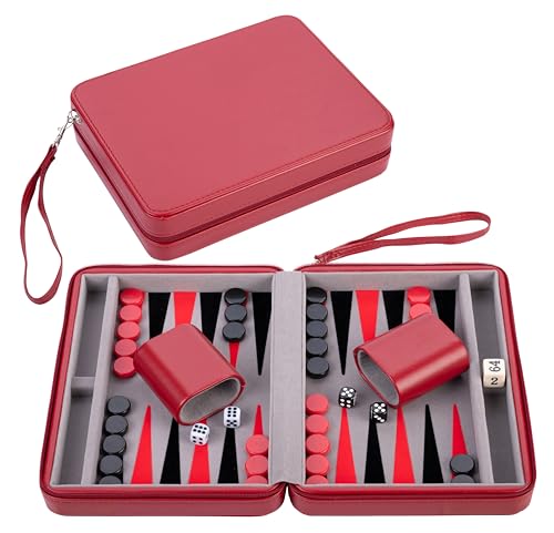 Engelhart - 250500 Reise-Backgammon-Set, Inlay aus Filz, 22,9 cm, Deluxe-Spielset mit rotem Reißverschluss (Grau, Schwarz, Rot) von Engelhart