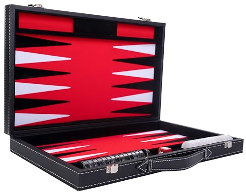Engelhart - 250510 - Großes Luxus Backgammon 18 Zoll - Schwarz - 45 cm - Kunstleder - Filzeinlage - Perlmutt-Würfel & Spielsteine + 2 Becher - Strategiespiel - Profi & Freizeit von Engelhart