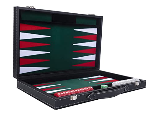 Engelhart - 250511 - Großes Luxus Backgammon 18 Zoll - Rot - 45 cm - Kunstleder - Filzeinlage - Perlmutt-Würfel & Spielsteine + 2 Becher - Strategiespiel - Profi & Freizeit von Engelhart