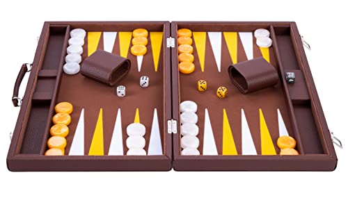 Engelhart - 250525 - Luxus Backgammon Spiel - 18 Zoll (45,5 cm) - Braun - Kunstlederkoffer - Filzeinlage - Perlmutt-Würfel und Steine - Strategiespiel von Engelhart