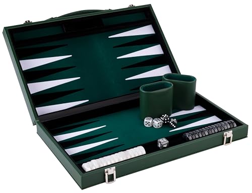Engelhart - 250529 - Deluxe Backgammon 15 inch - Eingelegtes Backgammon-Set aus Filz - Perlensteine und Würfel - grün/schwarz/weiß von Engelhart