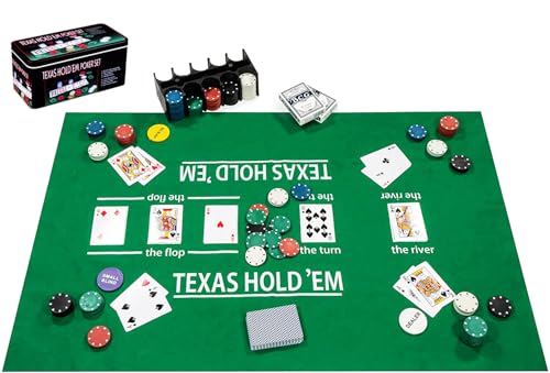 Engelhart - 320900 – Komplettes Poker-Set – Metalldose mit Matte, 200 Chips (4 g), 2 Kartenspiele, Dealer-Knöpfe, kleine und große Blinde + Spielregeln von Engelhart