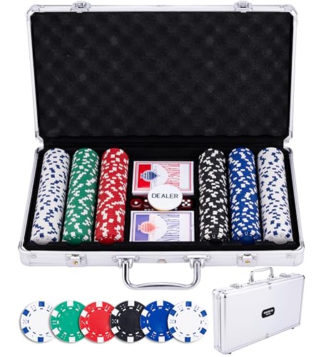 Engelhart - 320910 – Poker-Set – Koffer aus versilbertem Metall – 300 Chips 11,5 g ohne Nummer + 2 Kartenspiele, 3 Croupier-Knöpfe, 5 Würfel von Engelhart