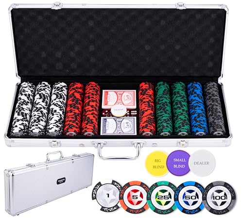 Engelhart - 320920 – Poker-Set – Koffer aus versilbertem Metall – 500 Chips 14 g kleine Einsätze (1 bis 100) + 2 Kartenspiele, 3 Dealerknöpfe, 5 Würfel von Engelhart