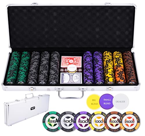 Engelhart - 320921 – Poker-Set – Koffer aus versilbertem Metall – 500 Chips 14 g Erhöhung (25 bis 25000) + 2 Kartenspiele, 3 Croupier-Knöpfe, 5 Würfel von Engelhart