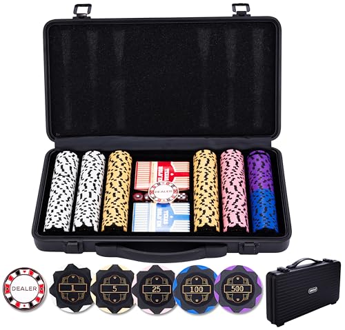 Engelhart - 320951 – Poker-Set – Koffer aus schwarzem Metall – 300 Chips 14 g nummeriert (1 bis 500) + 2 Kartenspiele, 1 Croupier-Knopf, 5 Würfel von Engelhart
