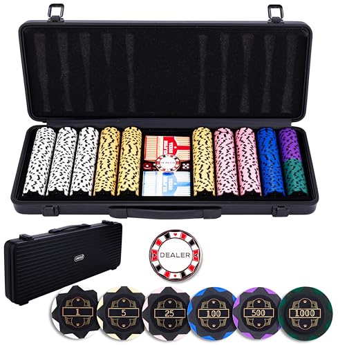 Engelhart - 320961 – Poker-Set – Koffer aus schwarzem Metall – 500 Chips 14 g nummeriert (1 bis 1000) + 2 Kartenspiele, 1 Croupier-Knopf, 5 Würfel von Engelhart