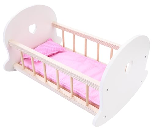 Engelhart – 606013 – Schaukelbett für Puppen Rosa/Weiß – Holzwiege für Puppen – Maße: 50 x 36 x 28 cm – ab 3 Jahren von Engelhart