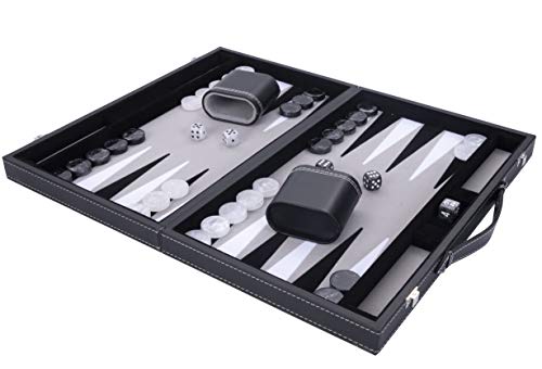 Engelhart - Luxus Backgammon 38 cm - hochwertige Materialien - Kunstleder, spezielle Filzeinlage - Perlmuttwürfel und Token + 2 Bechern - Profi- und Freizeit (Grau) von Engelhart