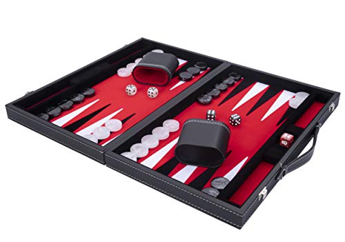 Engelhart - Luxus Backgammon 38 cm - hochwertige Materialien - Kunstleder, spezielle Filzeinlage - Perlmuttwürfel und Token + 2 Bechern - Profi- und Freizeit (Rot) von Engelhart