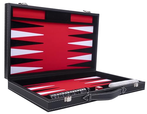 Engelhart - 250507 - Luxus Backgammon - Rot - 38 cm - 15 Zoll - Kunstleder - Filzeinlage - Perlmutt-Würfel und Spielsteine + 2 Becher - Strategie - Backgammon-Spiel von Engelhart