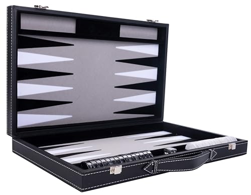 Engelhart - Luxus Backgammon 38 cm - hochwertige Materialien - Kunstleder, spezielle Filzeinlage - Perlmuttwürfel und Token + 2 Bechern - Profi- und Freizeit (Grau) von Engelhart