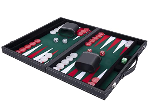 Engelhart - Luxus Backgammon 38 cm - hochwertige Materialien - Kunstleder, spezielle Filzeinlage - Perlmuttwürfel und Token + 2 Bechern - Profi- und Freizeit (grün/rot/weiß) von Engelhart