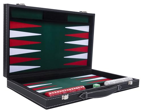 Engelhart - 250508 - Luxus Backgammon - Grün - 38 cm - 15 Zoll - Kunstleder - Filzeinlage - Perlmutt-Würfel und Spielsteine + 2 Becher - Strategiespiel - Backgammon-Spiel von Engelhart
