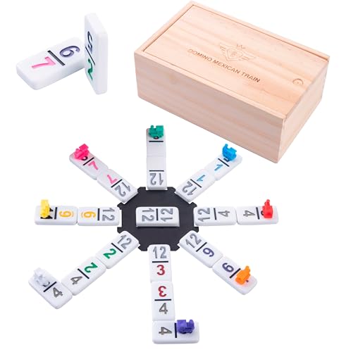 Engelhart - 250180 - Mexikanisches Domino Zug D12 - Zahlen-Version - Holzkasten - 91 Dominosteine (8 mm) - 8 Bunte Lokomotiven - 2 bis 8 Spieler von Engelhart