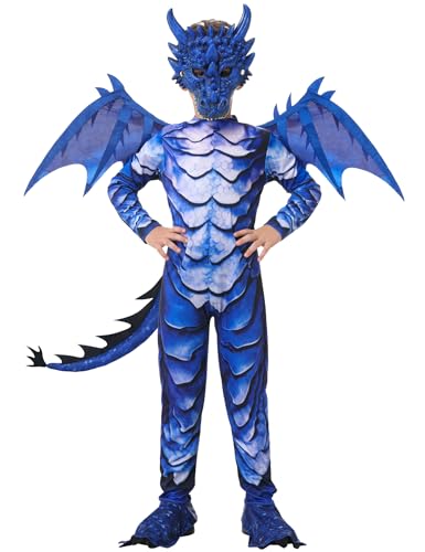 Drachen Kostüm Kinder Dragon Costume Kids, Drachenkostüm mit Flügel Schwanz und Maske für Jungen Mädchen, Halloween Karneval Blauer Drache Kostuem für Kinder 4 5 6 7 8 9 10 11 12 Jahre von Enhenenhen