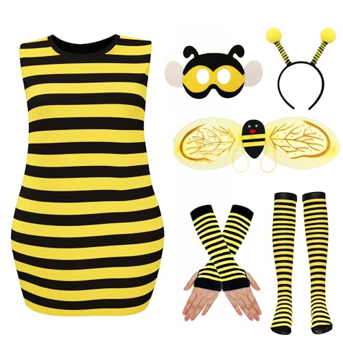Enhenenhen Biene Kostüm für Damen Hummel Kostum für Erwachsene, Bee Costume for Women Bumblebee Cosplay Outfit, Faschingskostüme Damen Biene mit Flügel Antenne Beinärmel für Halloween Karneval von Enhenenhen