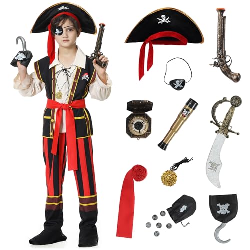 Enhenenhen Piratenkostüm kinder, Piraten Kostüm Jungen Pirat Kostuem Kinder Junge mit Zubehör Set, Pirate Costume Kids Boys Halloween faschingskostüme Kinder Pirat für 3 4 5 6 7 8 9 10 11 12 Jahre von Enhenenhen