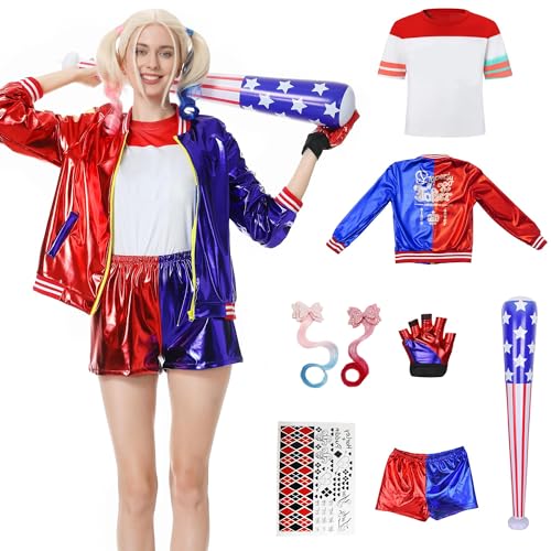 Harley Quin Damen-Kostüm, Harle Quinn Kostüm Erwachsene, Kostüm Harly Quin Damen Set, Squad Verkleidung Harley Cosplay Outfit mit Handschuhen, Jacke, T-Shirt, Shorts, Baseball für Halloween Karneval von Enhenenhen