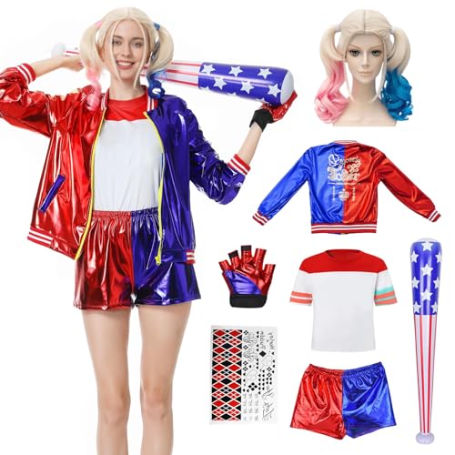 Enhenenhen Quin Kostüm für Erwachsene, Squad Harle Queen Costume for Damen, Halloween Karneval Joker Quinn Kostuem, Hally Qunn Cosplay Outfit mit Handschuhe, Jacke, T-Shirt, Shorts, Baseballschläger von Enhenenhen