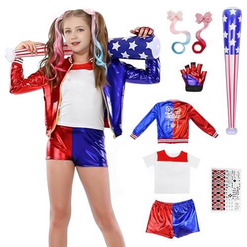 Enhenenhen Joker Girl Kostüm für Kinder, Squad Costume for Mädchen, Halloween Karneval Joker Kostuem, Holiday Cosplay Outfit mit Handschuhe, Jacke, T-Shirt, Shorts, Baseballschläger, Tattoo-Aufkleber von Enhenenhen