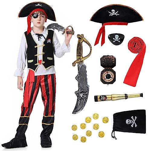 Piratenkostüm für Jungen Mädchen, Piraten Kostüm für Kinder Kostuem Pirat, Junge Piraten Outfit mit Zubehör-Set, Halloween Karneval Pirate Cosplay Costume für Kinder von 3–12 Jahren von Enhenenhen
