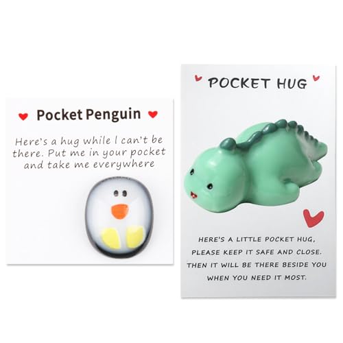 EnixwH 2 Stück Pocket Hug Penguin, Pinguin Geschenk mit Ermutigend Grußkarte, Süße Mini-Dekorationen, Trost Geschenke für Freunde Liebhaber Familie (Pinguin + Dinosaurier) von EnixwH