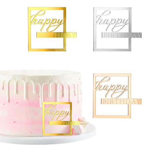 EnixwH 6 Stück Spiegel Acryl Happy Birthday Tortendeko, Cake Topper Geburtstag, Tortendeko Geburtstag, Kuchendekoration In Quadratischen Und Runden Formen (Gold, Silber, Roségold) von EnixwH