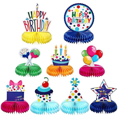 EnixwH 9 Stück Bunte Happy Birthday Tischdeko, Waben Tischdekoration Party Deko, Tischdeko Geburtstag Bienenwaben Deko, Honeycomb Dekorationen Geburtstag Party Tischaufsätze für Kindergeburtstag von EnixwH