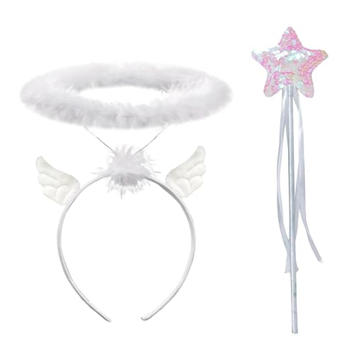 EnixwH Engelsflügel mit Heiligenschein, Engel Kostüm Damen Heiligenschein Engel, Heiligenschein Weiß und Zauberstab, Engelskostüm Haarschmuck Accessoire für Halloween Karneval Cosplay Party von EnixwH