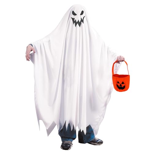 EnixwH Halloween Kostüm Kinder Geist Kostüm Gruseliges Süßes Oder Saures Geisterumhang für Kinder, Weißes Geisterkostüm mit Kürbis Tasche für Fasching Party Cosplay Karneval Maskerade Weihnachten von EnixwH