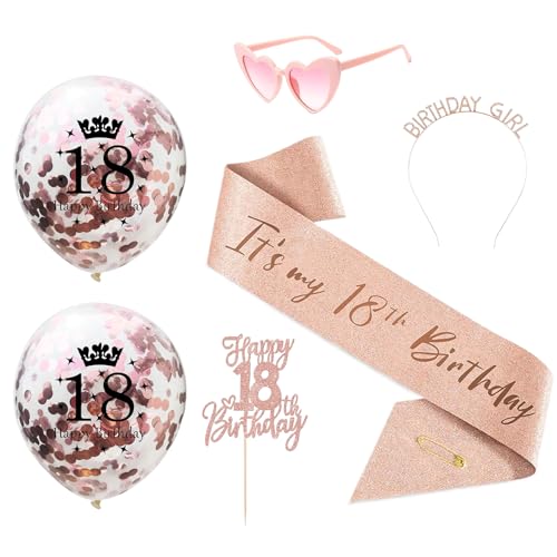 Deko 18. Geburtstag Mädchen, Roségoldener Geburtstagsgürtel und Tiara-Krone, mit Liebe Sonnenbrille und 18. Geburtstagstorte Einlage, 2 Pcs Luftballons Rosegold, für Geburtstagsfeiern Dekoration Deko 18. Geburtstag Mädchen, Roségoldener Geburtstagsgürtel und Tiara-Krone, mit Liebe Sonnenbrille und 18. Geburtstagstorte Einlage, 2 Pcs Luftballons Rosegold, für Geburtstagsfeiern Dekoration von Eniyou