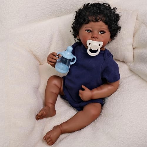 Enjoy with Love Neue 18inch Reborn Baby Puppe Lebensechte Rabe Dunkle Haut Kuschelweiche Körper Puppe Hochwertige Handfarbe Sammler Kunst Puppe von Enjoy with Love