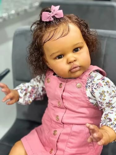 Enjoy with Love Neue 24Inch Ellie Reborn Baby Puppe Dunkle Haut Neugeborene Puppe Prinzessin Mädchen Lifelike Soft Touch 3D Haut Kunst Puppe mit Hand Wurzel Haar von Enjoy with Love