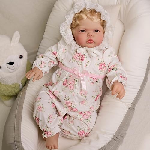Enjoy with Love Neue 24Inch Gurke Erwachen im weichen Tuch Körper Lebensechte Reborn Kleinkind Hand Wurzeln Lockig Blond Haar Kuschelige Baby Puppe Baby von Enjoy with Love