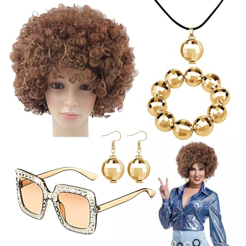 Eoixuqba 70er-Jahre-Disco-Zubehör,Disco-Kostümzubehör - Rapper-Kostüm Bling 5-teiliges 70er-Jahre- -Kostüm-Set,Rapper-Kostüm mit Afro-Perücke, Armband, Sonnenbrille, Halskette für von Eoixuqba