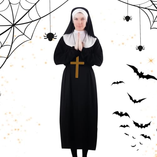 Eojpdji Nonnenkostüm Damen | Kreuzanhänger Halskette mit Kopfschmück Kostüm | Rollenspiel Kopfschmuck Set - Für Halloween Cosplay Rollenspiel Bühnenaufführung Schulveranstaltung Frauen Erwachsene von Eojpdji