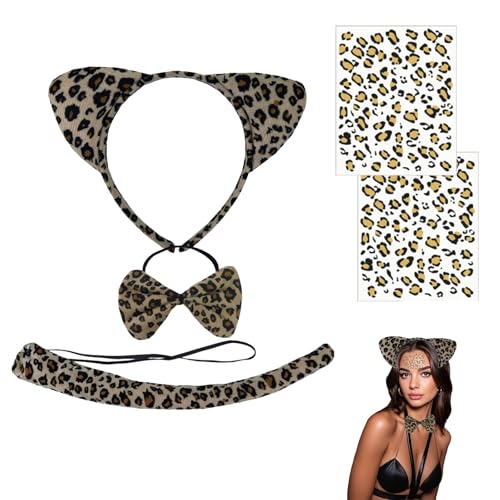 Leoparden Kostüm Set,Haarreif, Fliege, Schwanz & Kunst-Tattoos – Kostüm Zubehör für Damen & Teenager 14+,für Cosplay, Kostüm, Party, Dekoration, Zubehör, Dschungel, Party, Weihnachten Leoparden Kostüm Set,Haarreif, Fliege, Schwanz & Kunst-Tattoos – Kostüm Zubehör für Damen & Teenager 14+,für Cosplay, Kostüm, Party, Dekoration, Zubehör, Dschungel, Party, Weihnachten von Eowppue