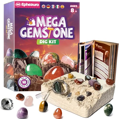 Epheauro Mega Edelstein-Ausgrabungsset für Kinder – 18 echte Kristalle, Mineralien & Steine für Kinder ab 8 Jahren von Epheauro