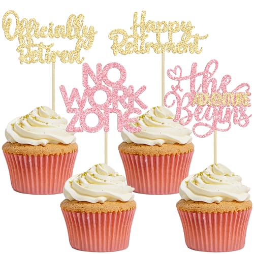 Cupcake-Topper "Happy Retirement", offizielle Kuchendekoration im Ruhestand, keine Arbeitszone, Abenteuer beginnt, Cupcake-Picks, Ruhestand, Abschied, Geburtstag, Party, Dekorationen, Zubehör, Rosa von Ephlyn