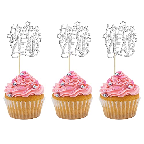 Cupcake-Topper mit Glitzer-Motiv "Happy New Year" 2025, Motiv: Hello and Welcome to 2025, Kuchenspieße, Dekorationen für Feiertage, Mottoparty, Silber, 24 Stück Cupcake-Topper mit Glitzer-Motiv "Happy New Year" 2025, Motiv: Hello and Welcome to 2025, Kuchenspieße, Dekorationen für Feiertage, Mottoparty, Silber, 24 Stück von Ephlyn