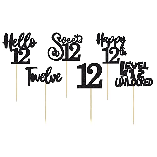 Cupcake-Topper zum 12. Geburtstag, Hello 12, süße 12, zwölf Kuchendekorationen, Stufe 12, entsperrte Geburtstag, Cupcake-Picker für 12. Geburtstag, Party, Kuchendekoration, Zubehör, Schwarz, 36 Stück von Ephlyn