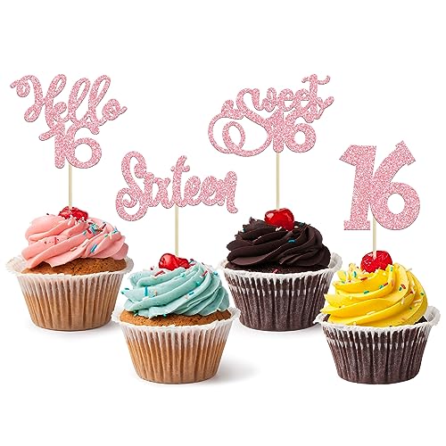 Cupcake-Topper zum 16. Geburtstag, Glitzer, Hello 16 Sweet 16, Cupcake-Picks, 16 Jahre, Kuchendekorationen für Geburtstag, Hochzeit, Jahrestag, Partyzubehör, Rosa, 24 Stück von Ephlyn