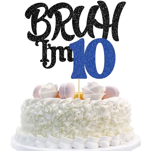 Ephlyn 1 x Bruh I'm 10 Tortenaufsatz mit Glitzer, "Happy 10th Birthday", Bro I'm 10 It's My 10th Birthday-Kuchendekoration für Cheers to 10 Jahre, Party-Dekorationen, Zubehör, Schwarz / Blau von Ephlyn