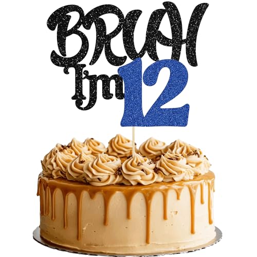 Ephlyn 1 x Bruh I'm 12 Tortenaufsatz mit Glitzer, Aufschrift "Happy 12th Birthday", Bro I'm 12 It's My 12th Birthday, Kuchendekoration für Cheers to 12 Jahre, Party-Dekorationen, Zubehör, Schwarz von Ephlyn