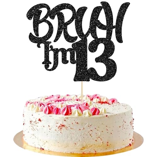 Ephlyn 1 x Bruh I'm 13 Tortenaufsatz mit Glitzer, Aufschrift "Happy 13th Birthday", Bro I'm 13 It's My 13th Birthday, Kuchendekoration für Cheers to 13 Jahre, Party-Dekorationen, Zubehör, Schwarz von Ephlyn